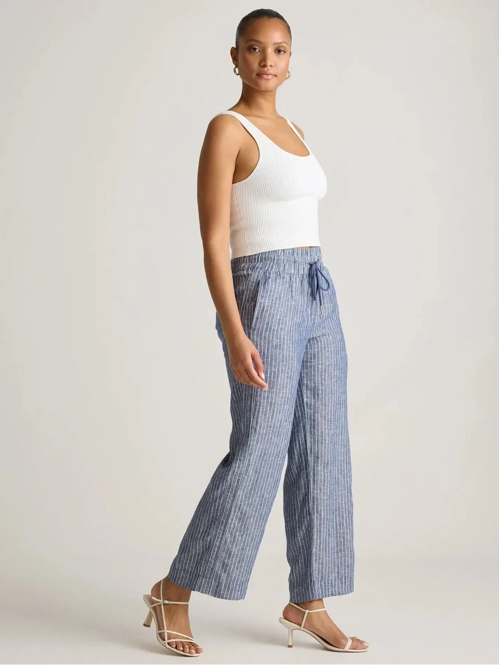 Quince 100% European Linen Wide Leg Pants S Chambray Blue Striped Coastal